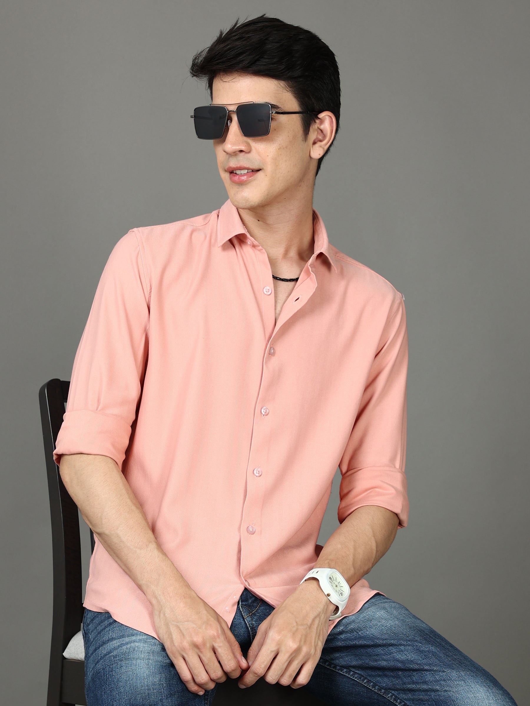 Herringbone Peach Stretch Shirt Solid Shirt Bushirt