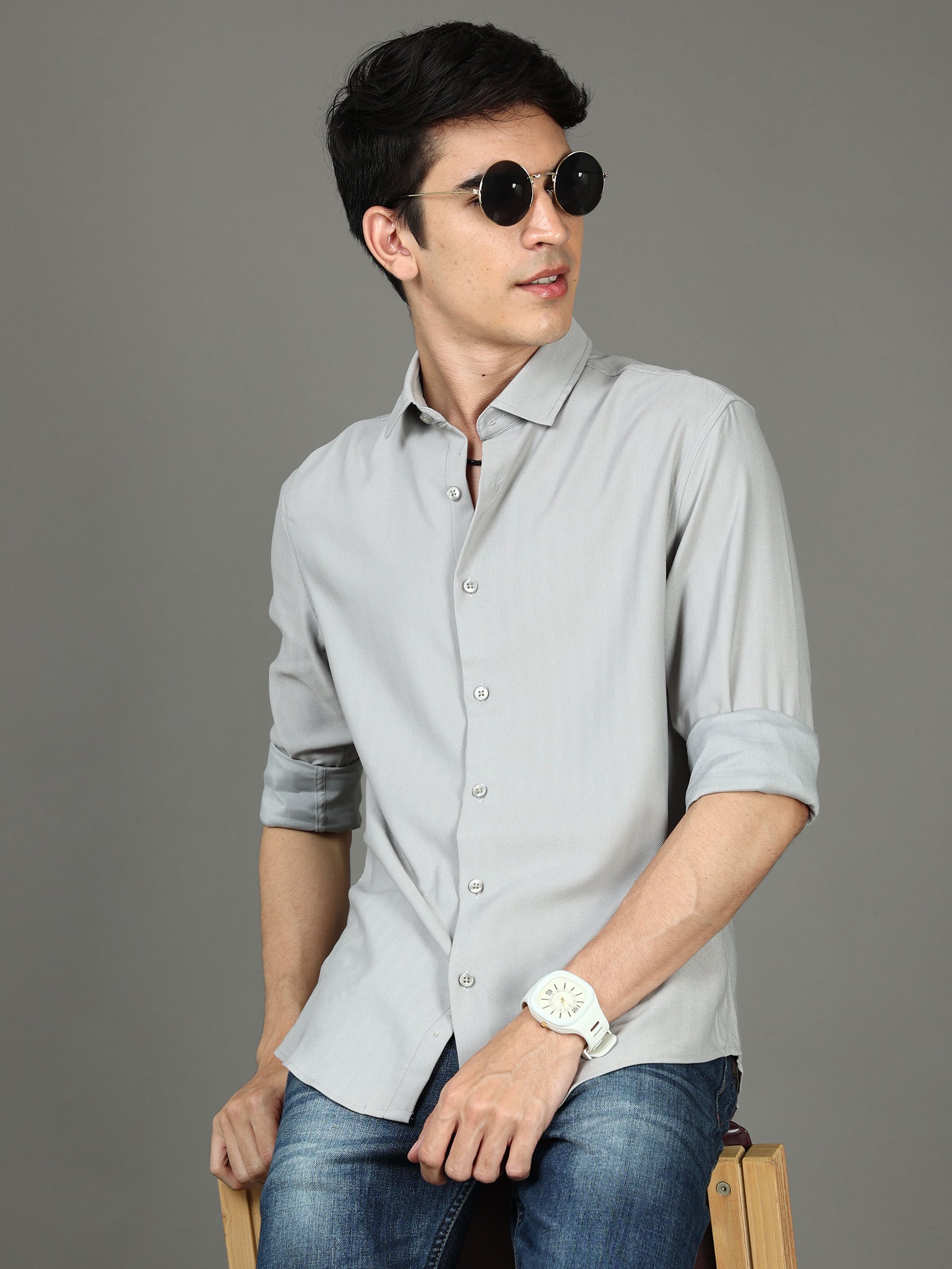 Herringbone Grey Stretch Shirt Solid Shirt Bushirt