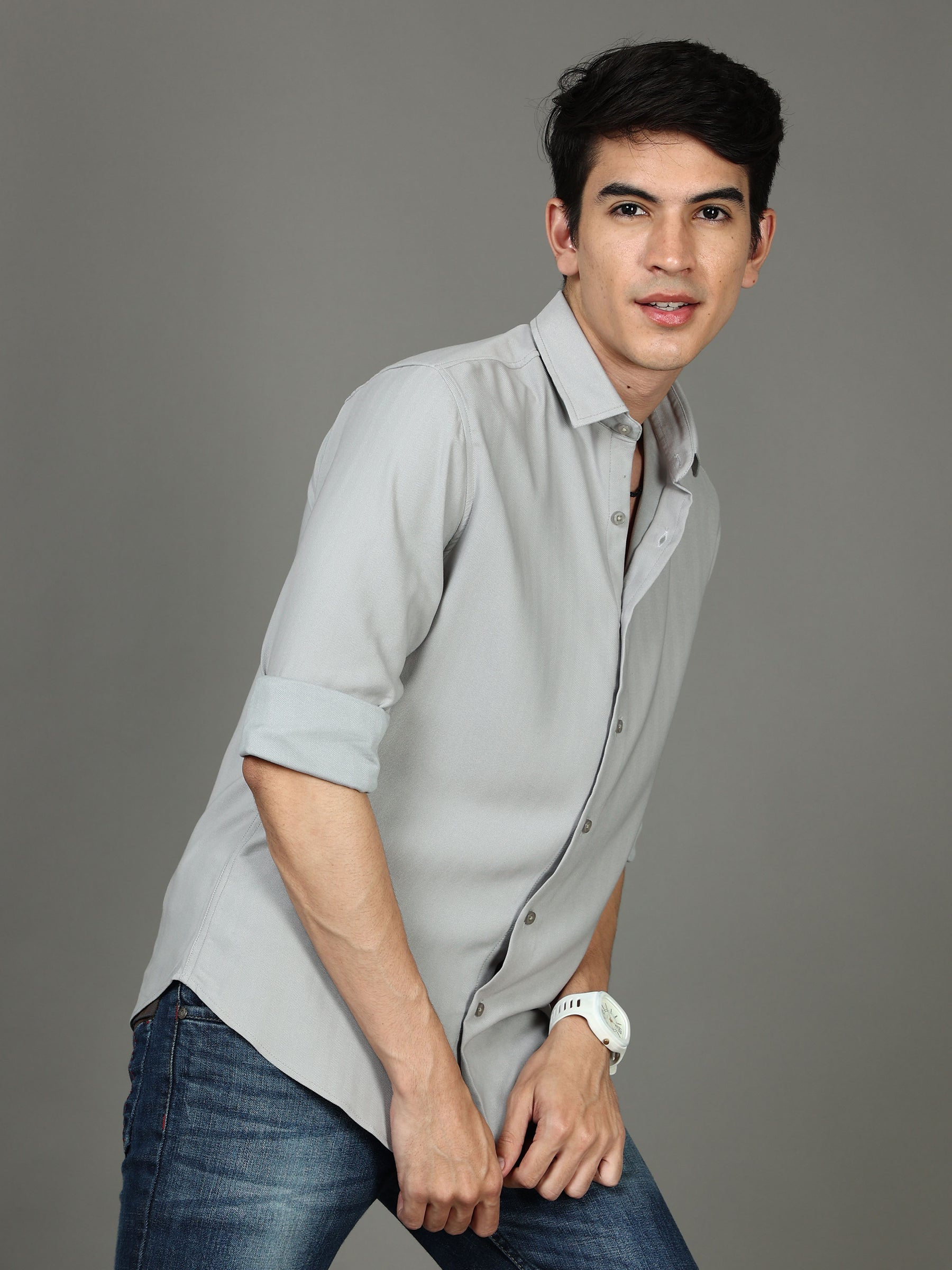 Herringbone Grey Stretch Shirt Solid Shirt Bushirt