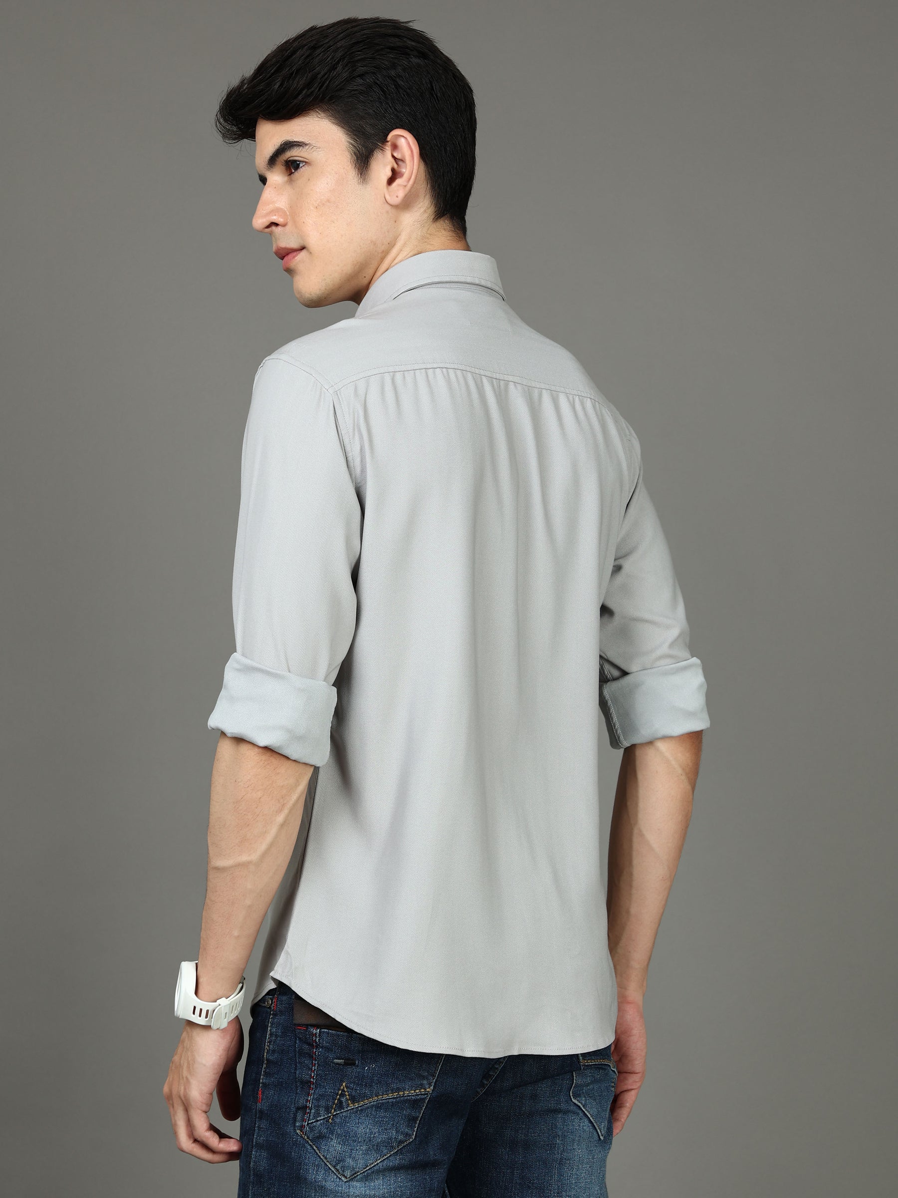 Herringbone Grey Stretch Shirt Solid Shirt Bushirt