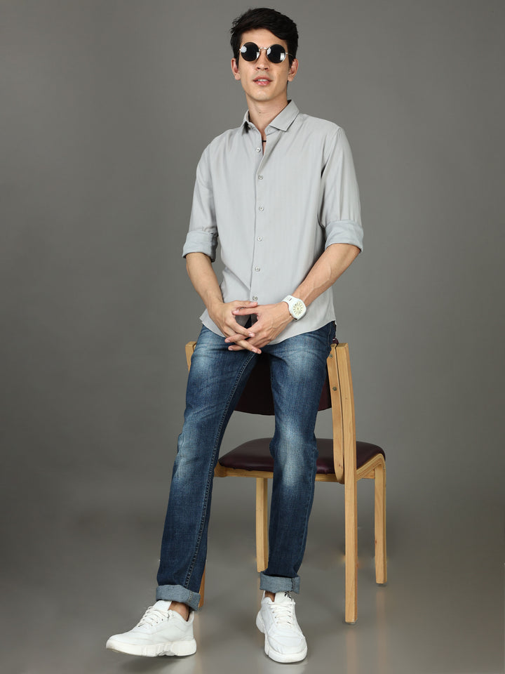 Herringbone Grey Stretch Shirt Solid Shirt Bushirt