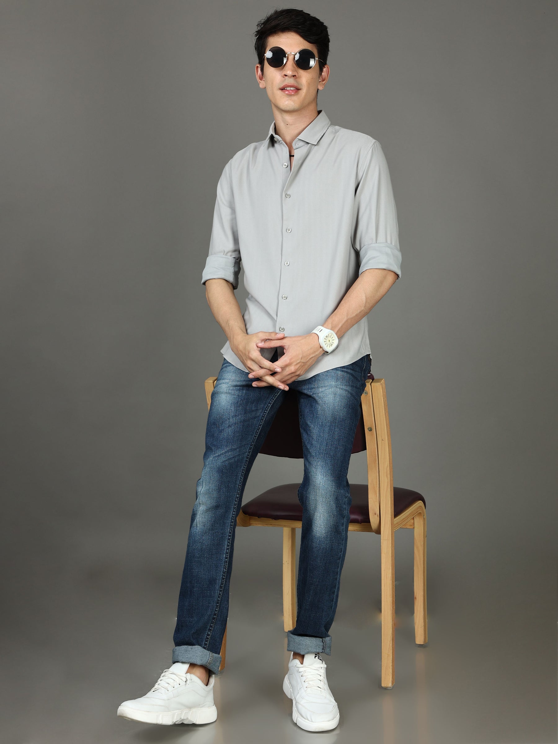 Herringbone Grey Stretch Shirt Solid Shirt Bushirt