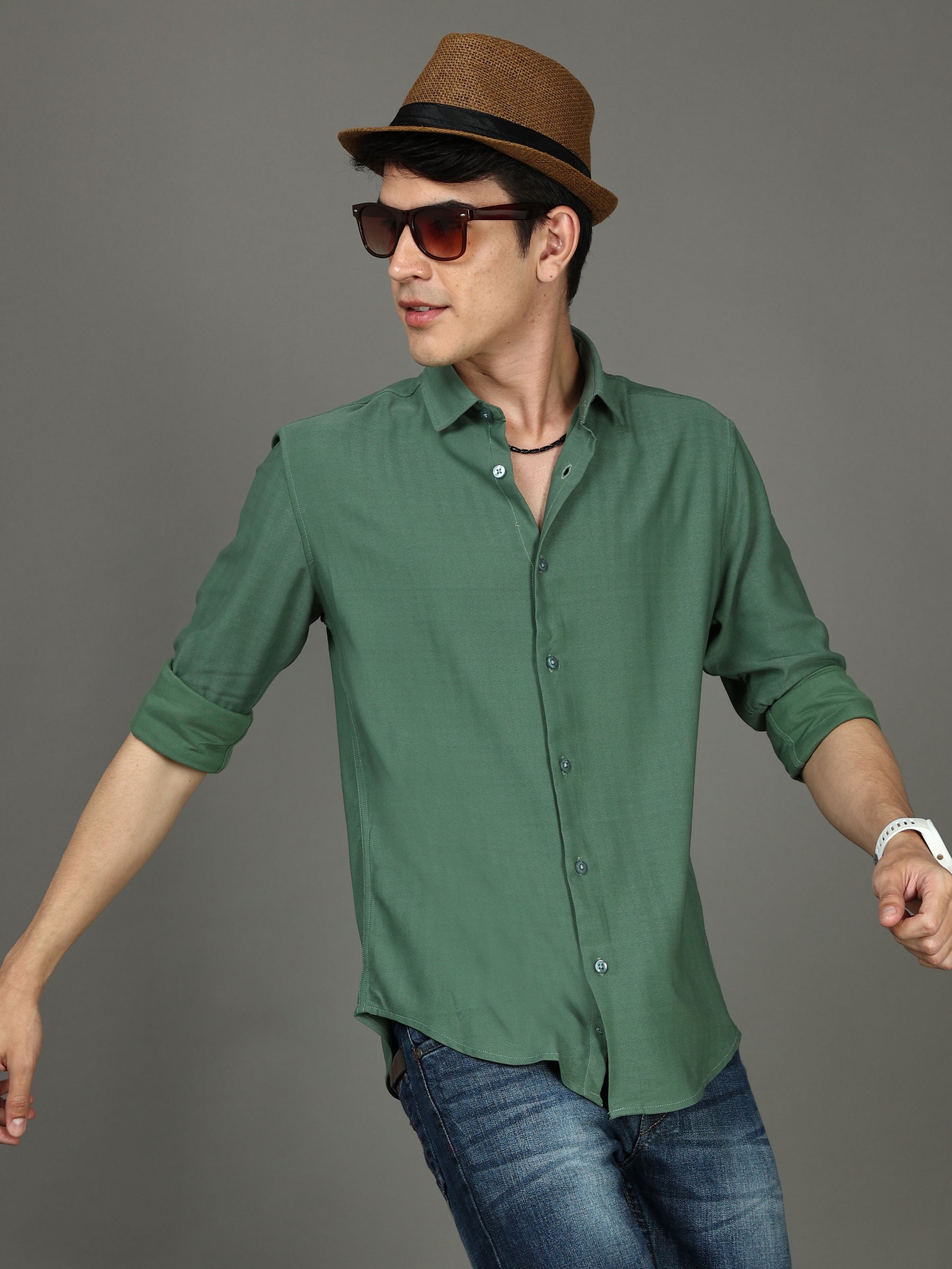 Herringbone Pine Stretch Shirt Solid Shirt Bushirt