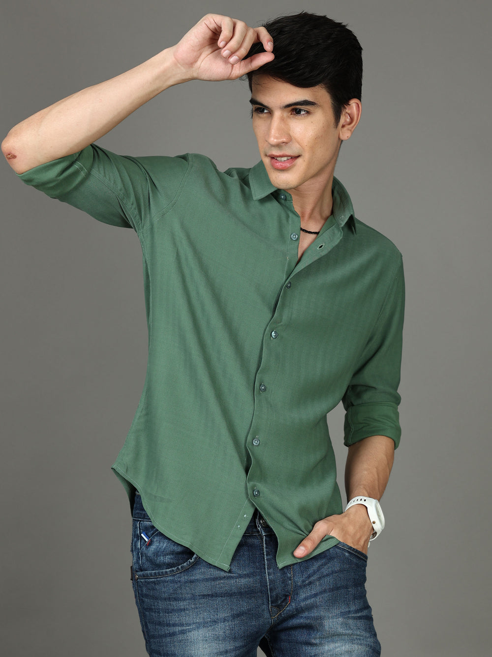 Herringbone Pine Stretch Shirt Solid Shirt Bushirt