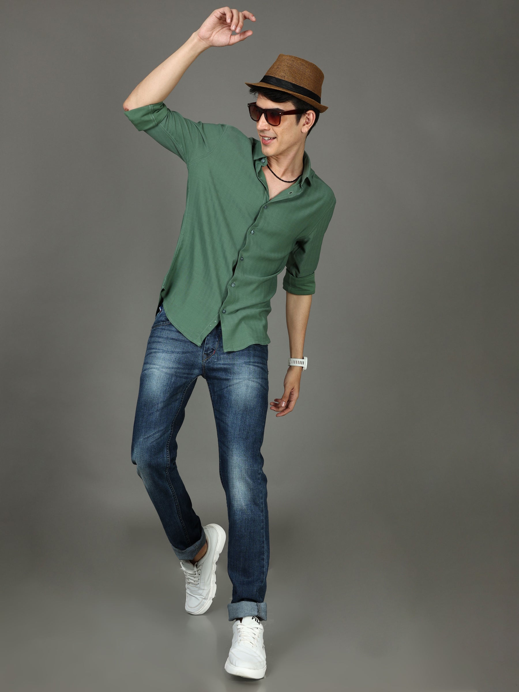 Herringbone Pine Stretch Shirt Solid Shirt Bushirt