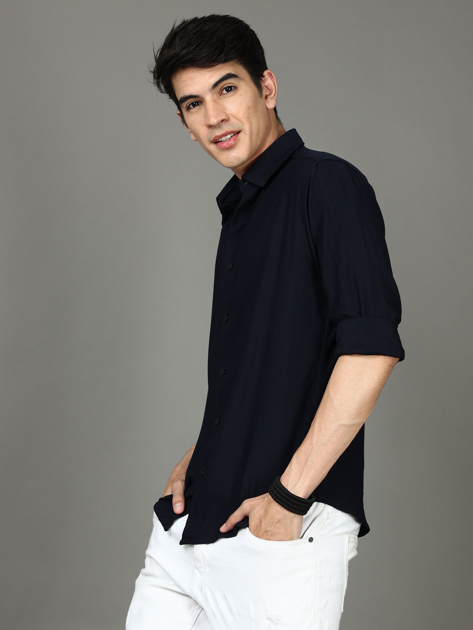 Herringbone Navy Blue Stretch Shirt Solid Shirt Bushirt