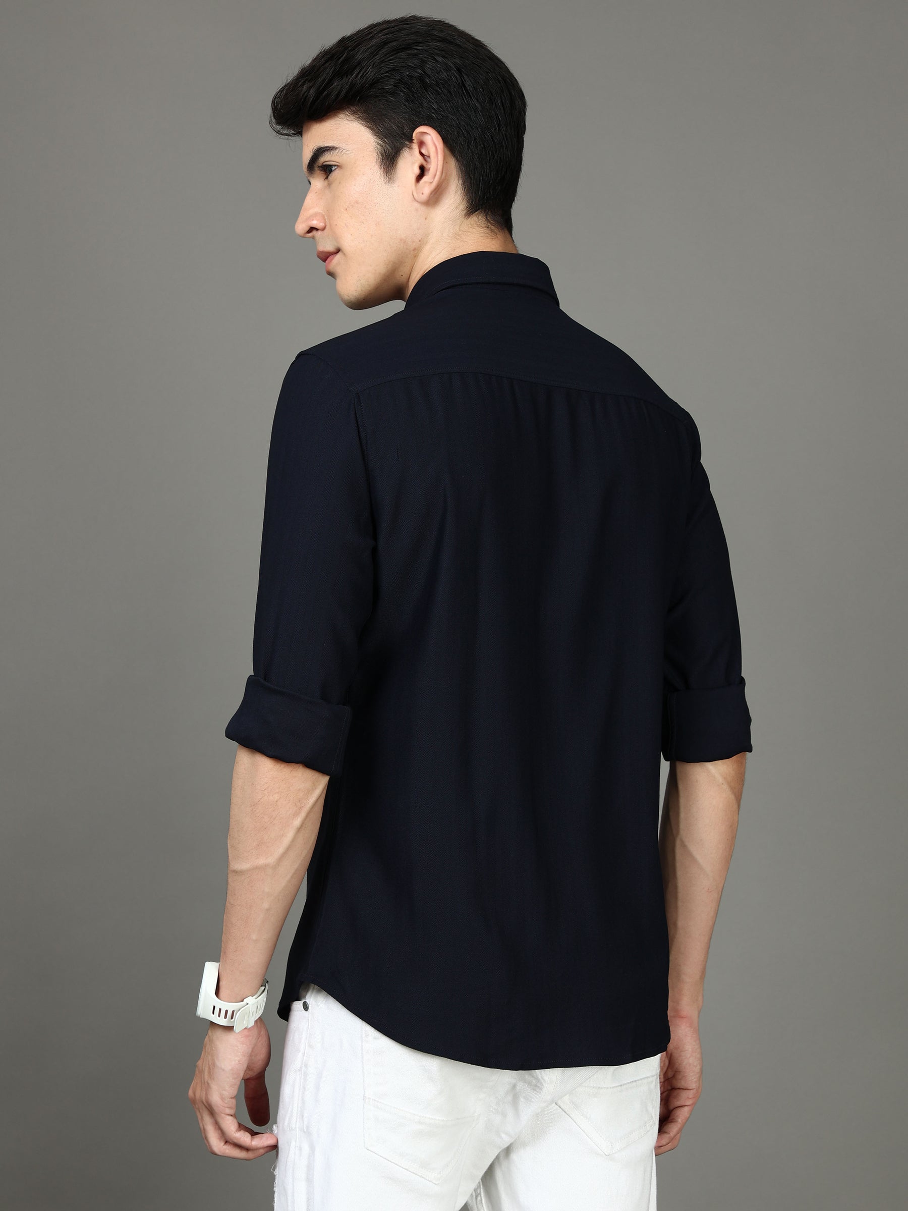 Herringbone Navy Blue Stretch Shirt Solid Shirt Bushirt