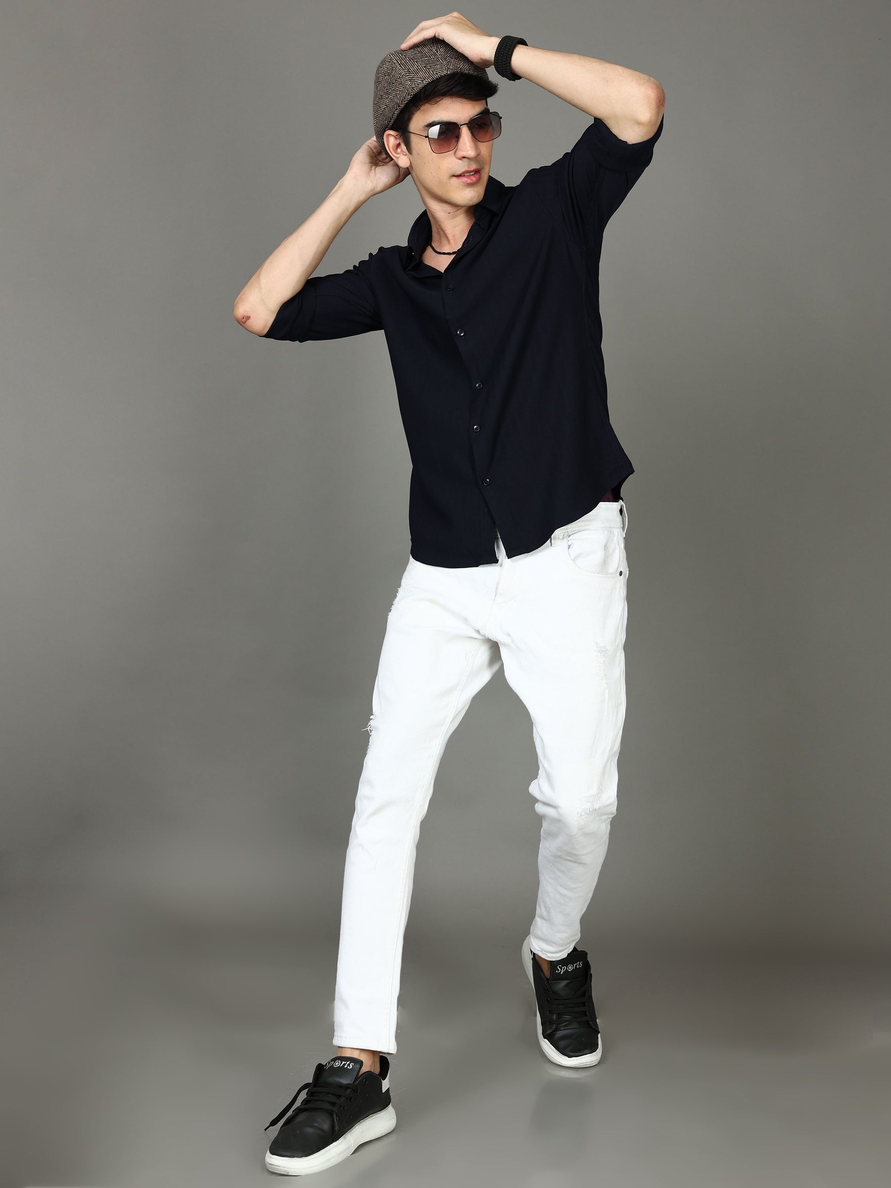 Herringbone Navy Blue Stretch Shirt Solid Shirt Bushirt