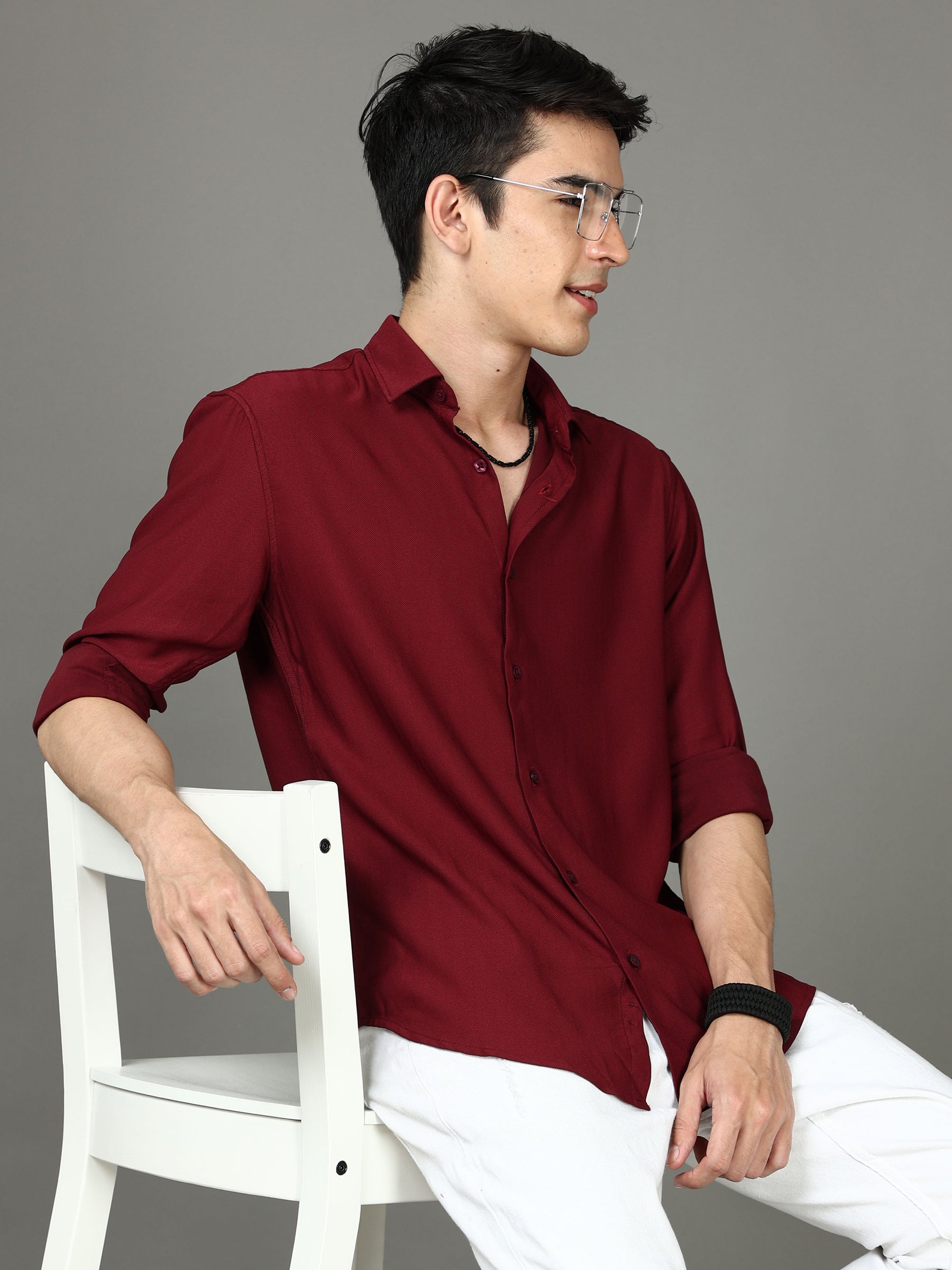 Herringbone Maroon Stretch Shirt Solid Shirt Bushirt
