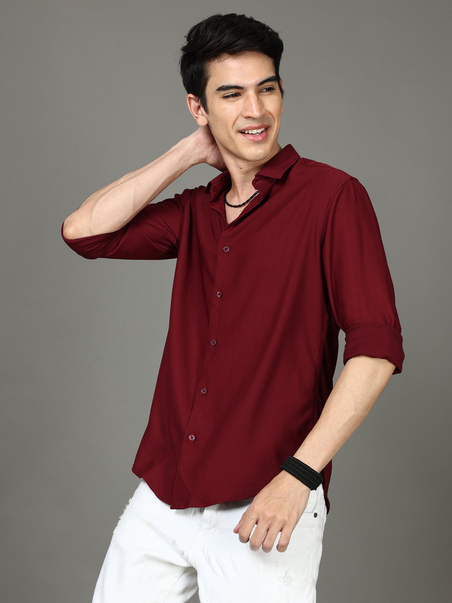 Herringbone Maroon Stretch Shirt Solid Shirt Bushirt