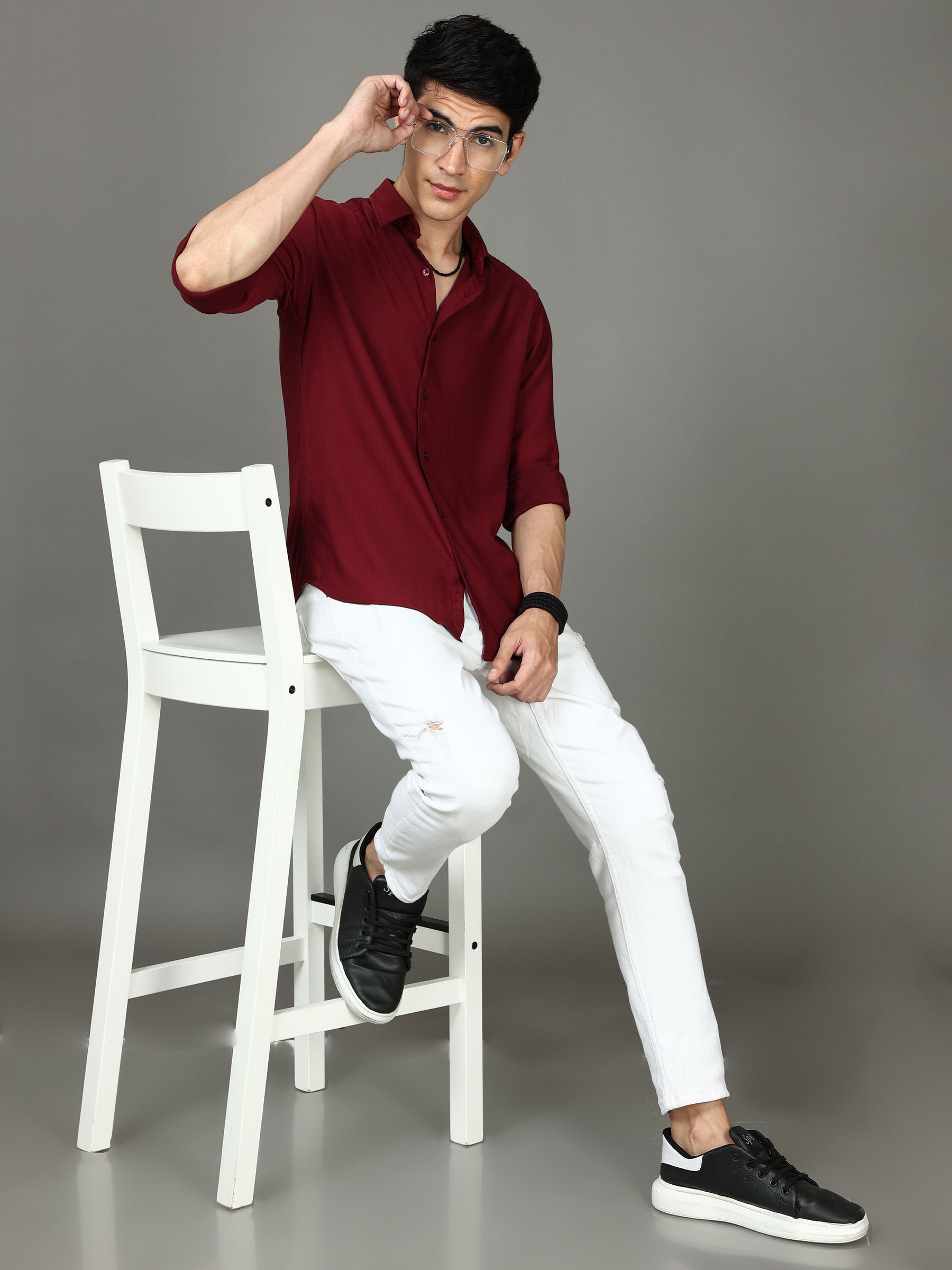 Herringbone Maroon Stretch Shirt Solid Shirt Bushirt