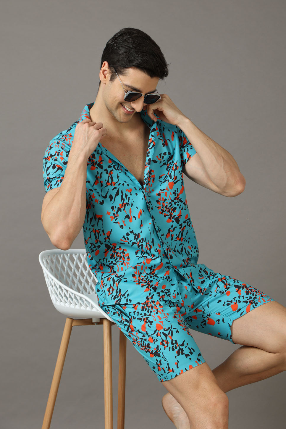 Teal Blue Printed Co-Ords Co-Ords Bushirt