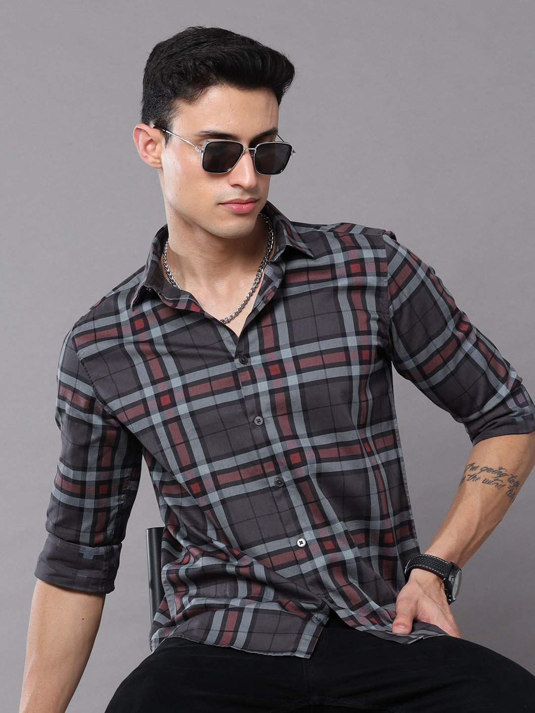 Shop Dark Charcoal Grey Check Shirt Online in India – Bushirt