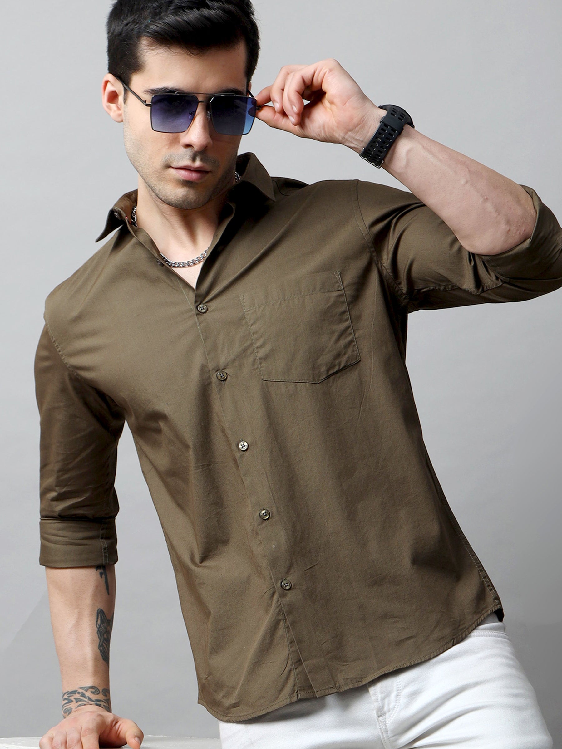 Moss Green Solid Shirt Solid Shirt Bushirt