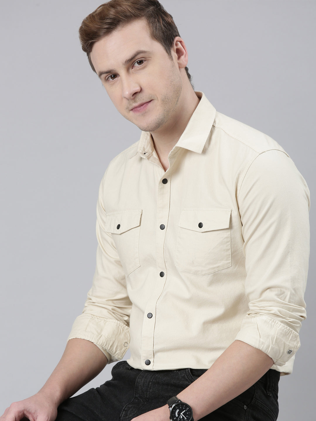 Cream Cargo Shirt Solid Shirt Bushirt