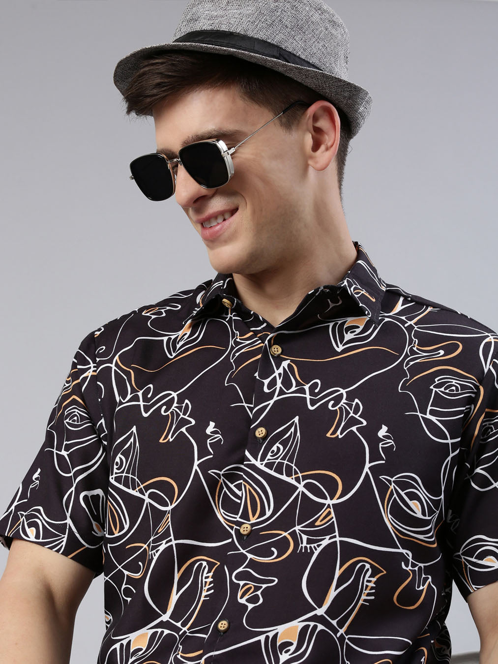 Abstract Figure Black Shirt Printed Shirt Bushirt   