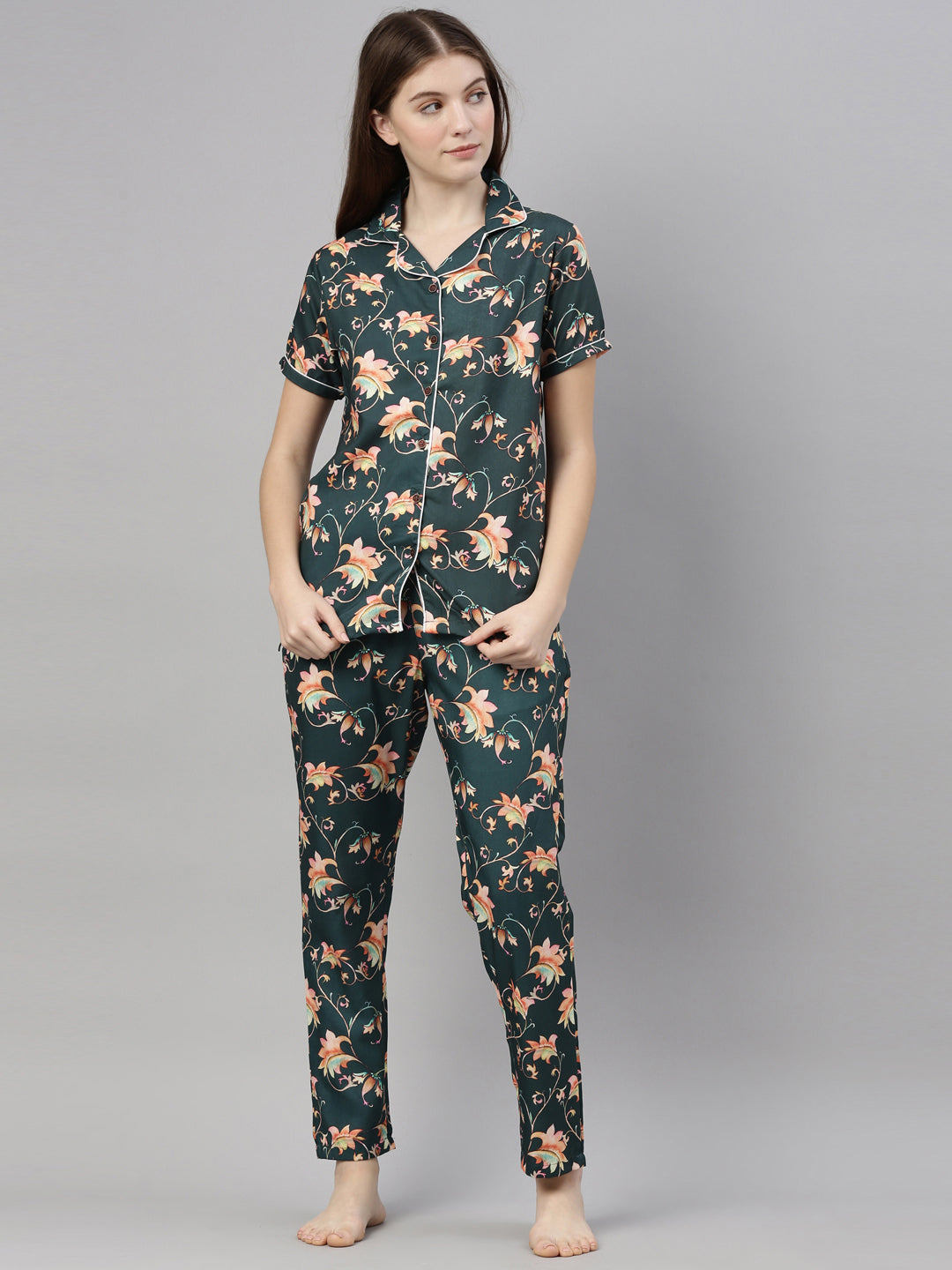Floral Green Women's Night Suits Women's Night Suit Bushirt