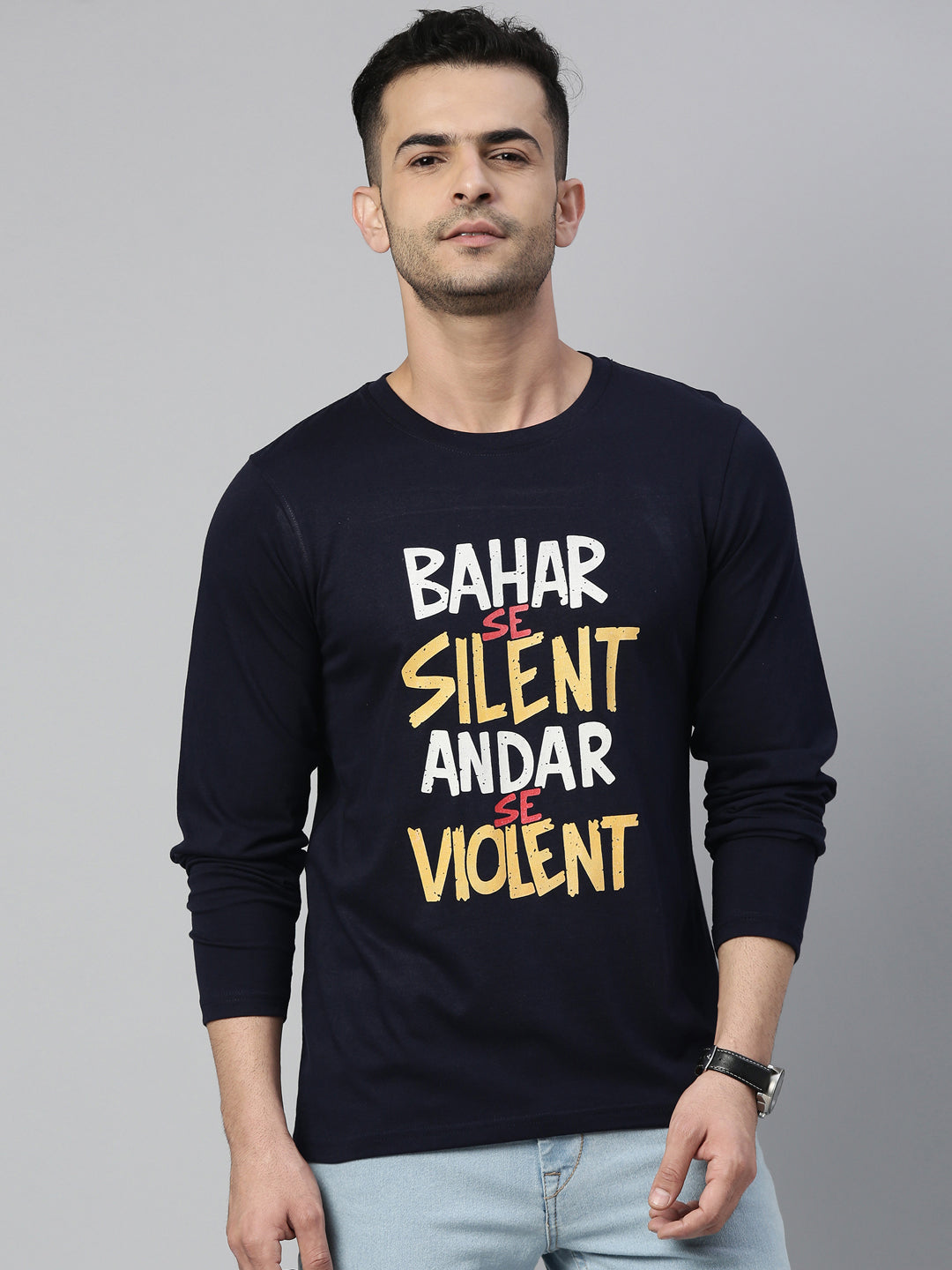 Bahar Se Silent Navy Blue Full Sleeves T Shirt Full Sleeves Bushirt