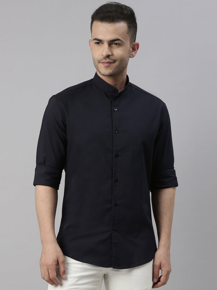 Navy Blue Chinese Collar Casual Shirt Solid Shirt Bushirt   