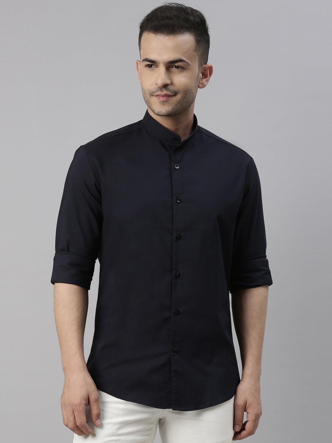 Navy Blue Chinese Collar Casual Shirt Solid Shirt Bushirt