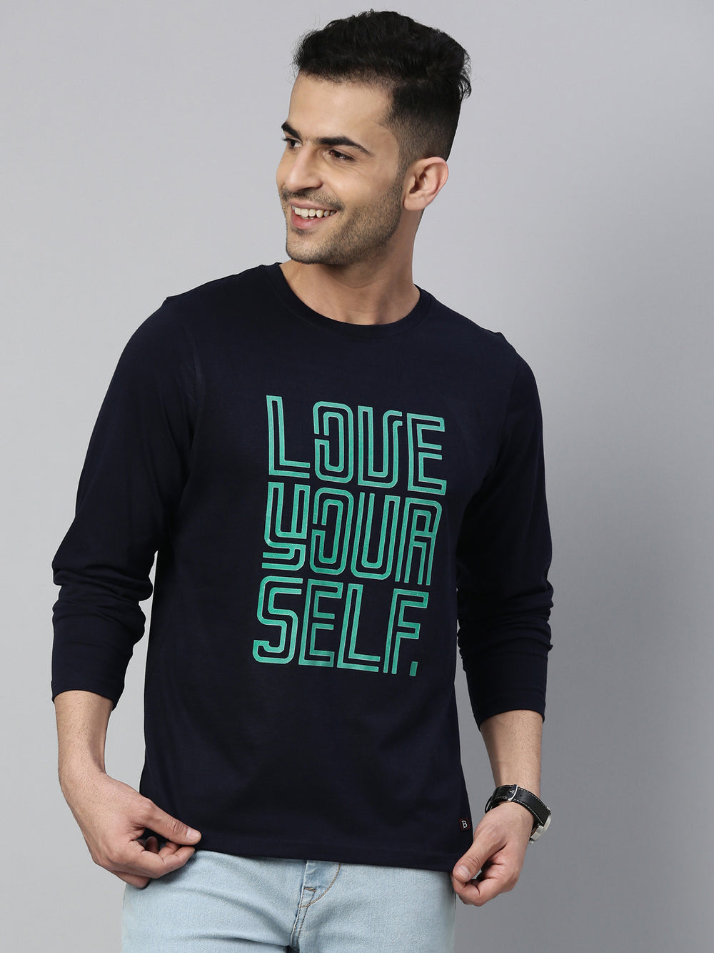 Love Ur Self Navy Blue Full Sleeves T Shirt Full Sleeves Bushirt