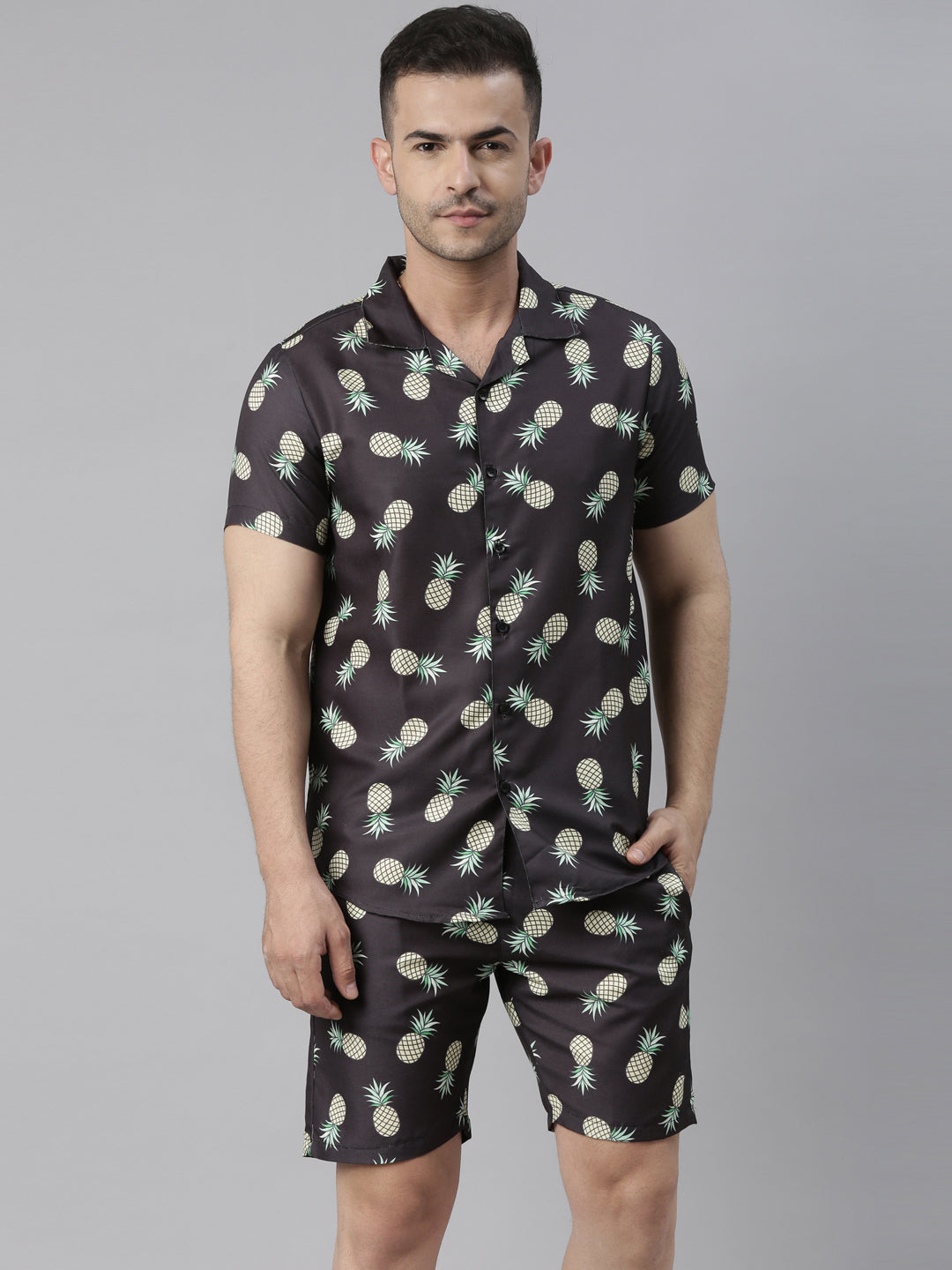 Tropical Pineapple Black Night Suits Co-Ords Bushirt