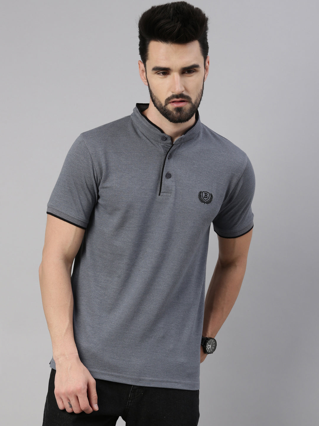 Grey Mélange Chinese Collar Polo T-Shirt Polo Tees Bushirt