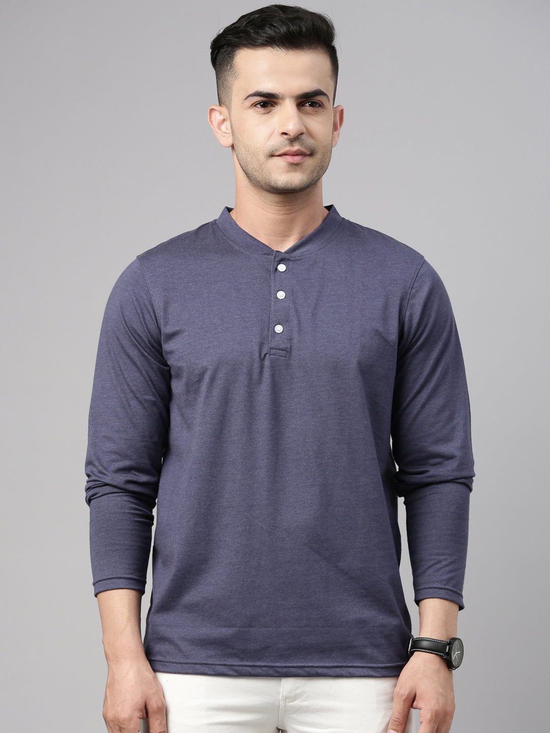 Denim Blue Full Sleeves Henley T Shirt Full Sleeves Bushirt