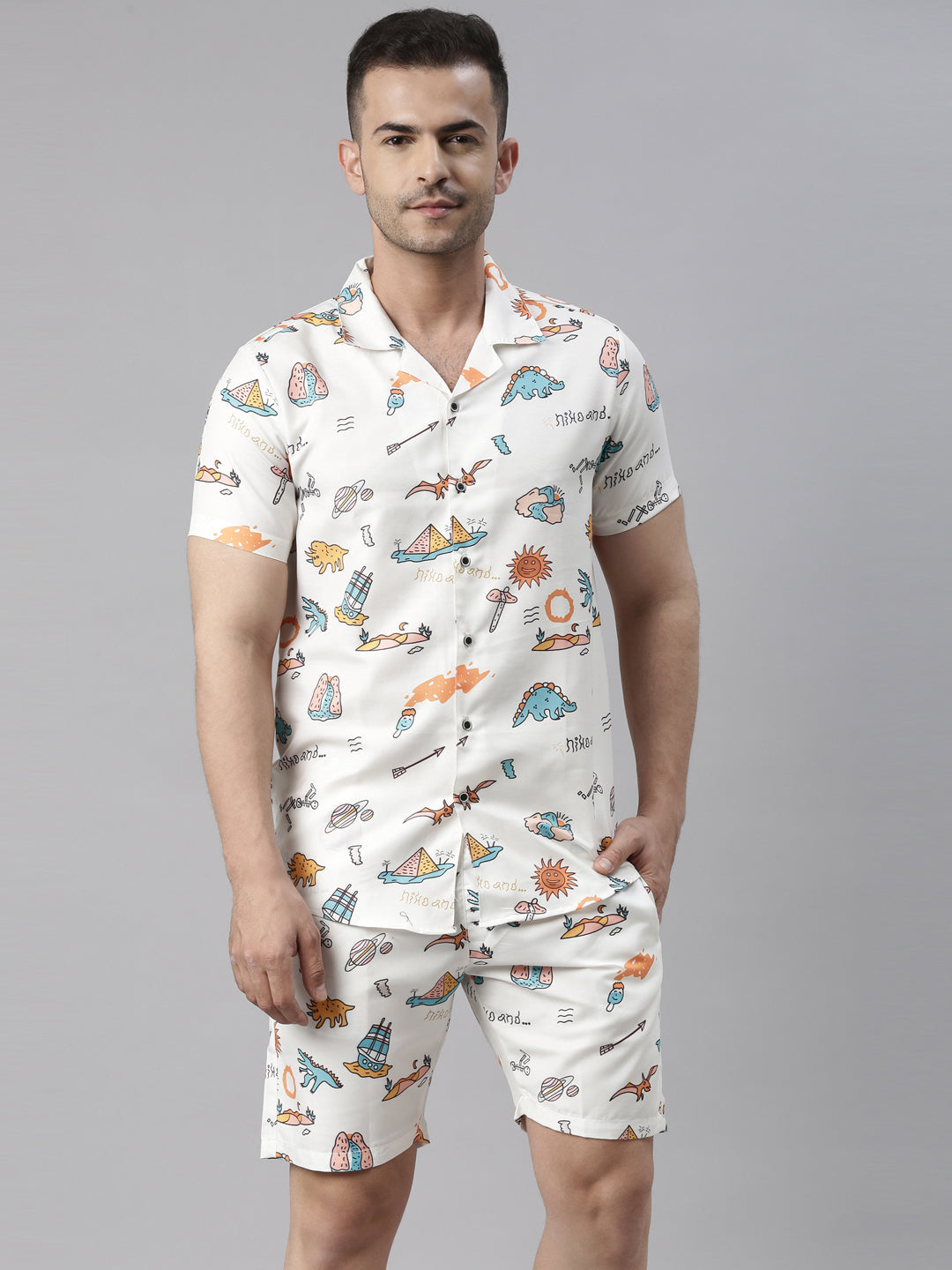 Funny Cartoon White Cream Night Suits Co-Ords Bushirt