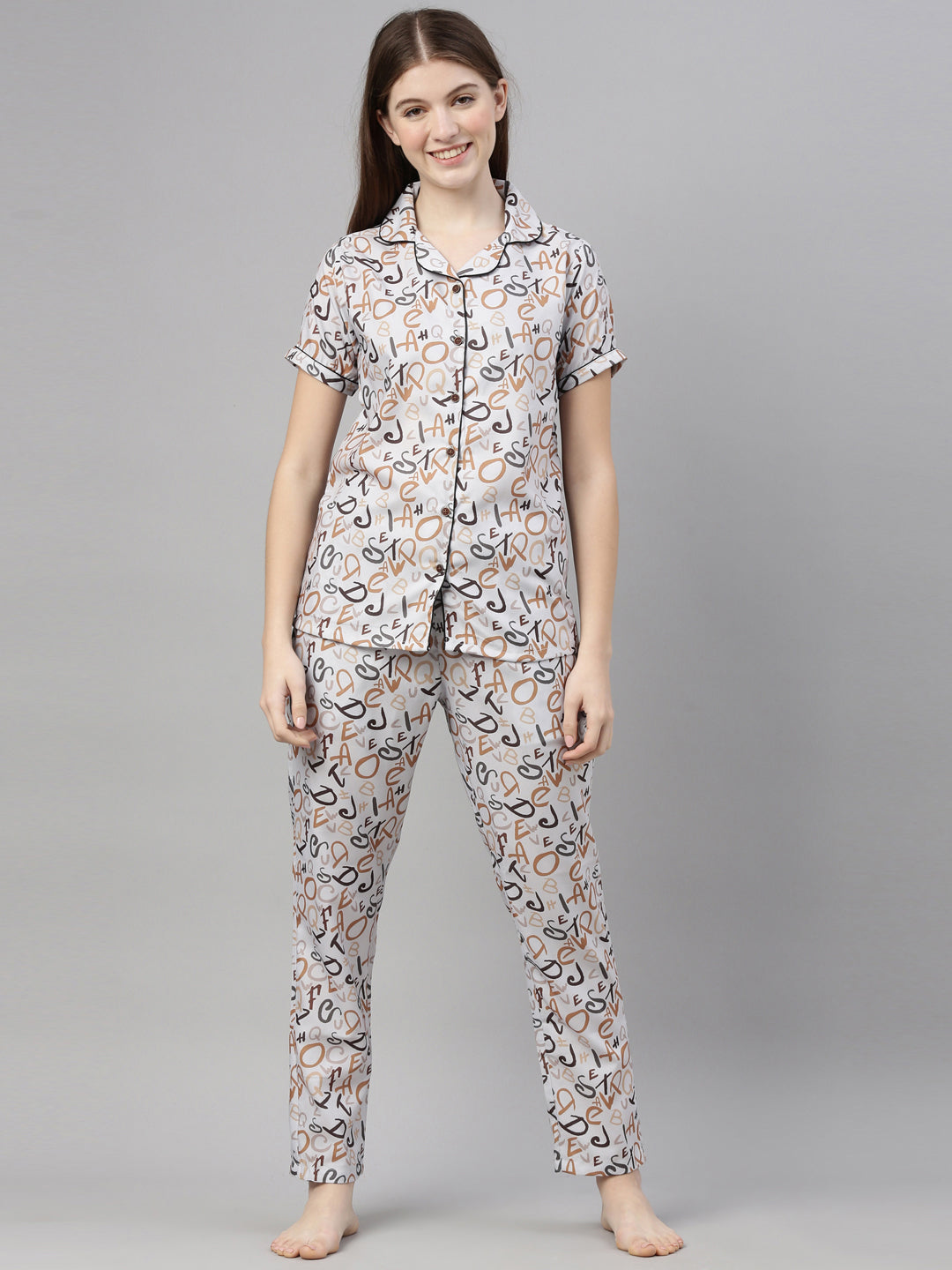 Alphabetic Thunder Grey Women's Night Suits Women's Night Suit Bushirt