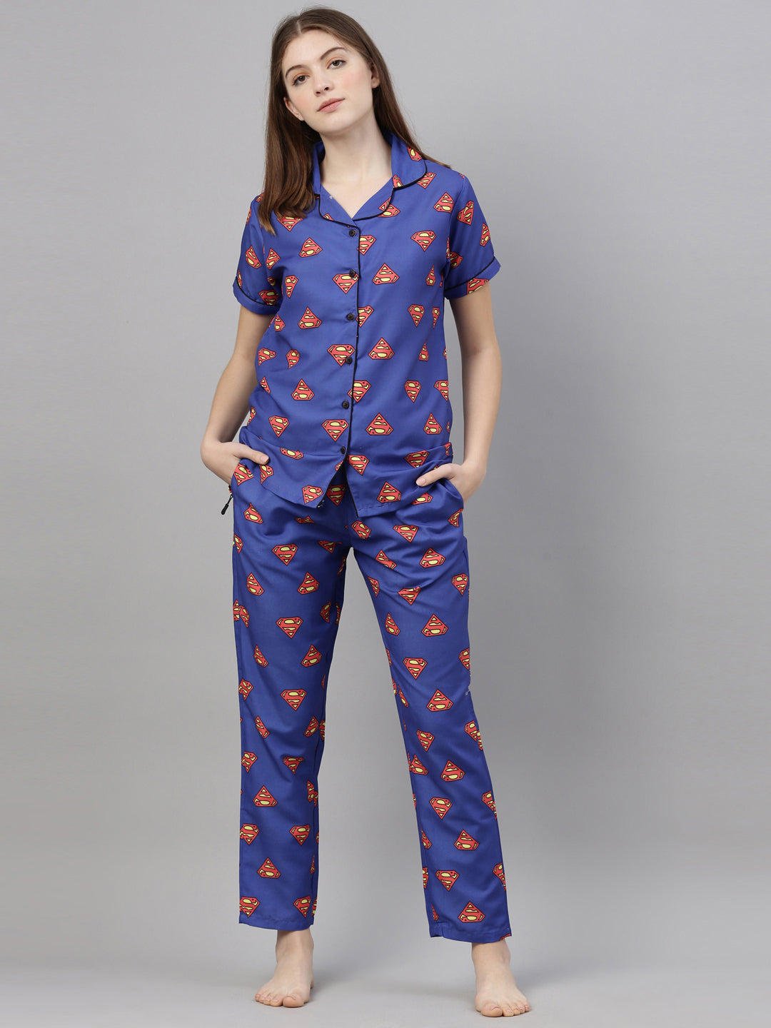 Super Man Royal Blue Women's Night Suits Women's Night Suit Bushirt