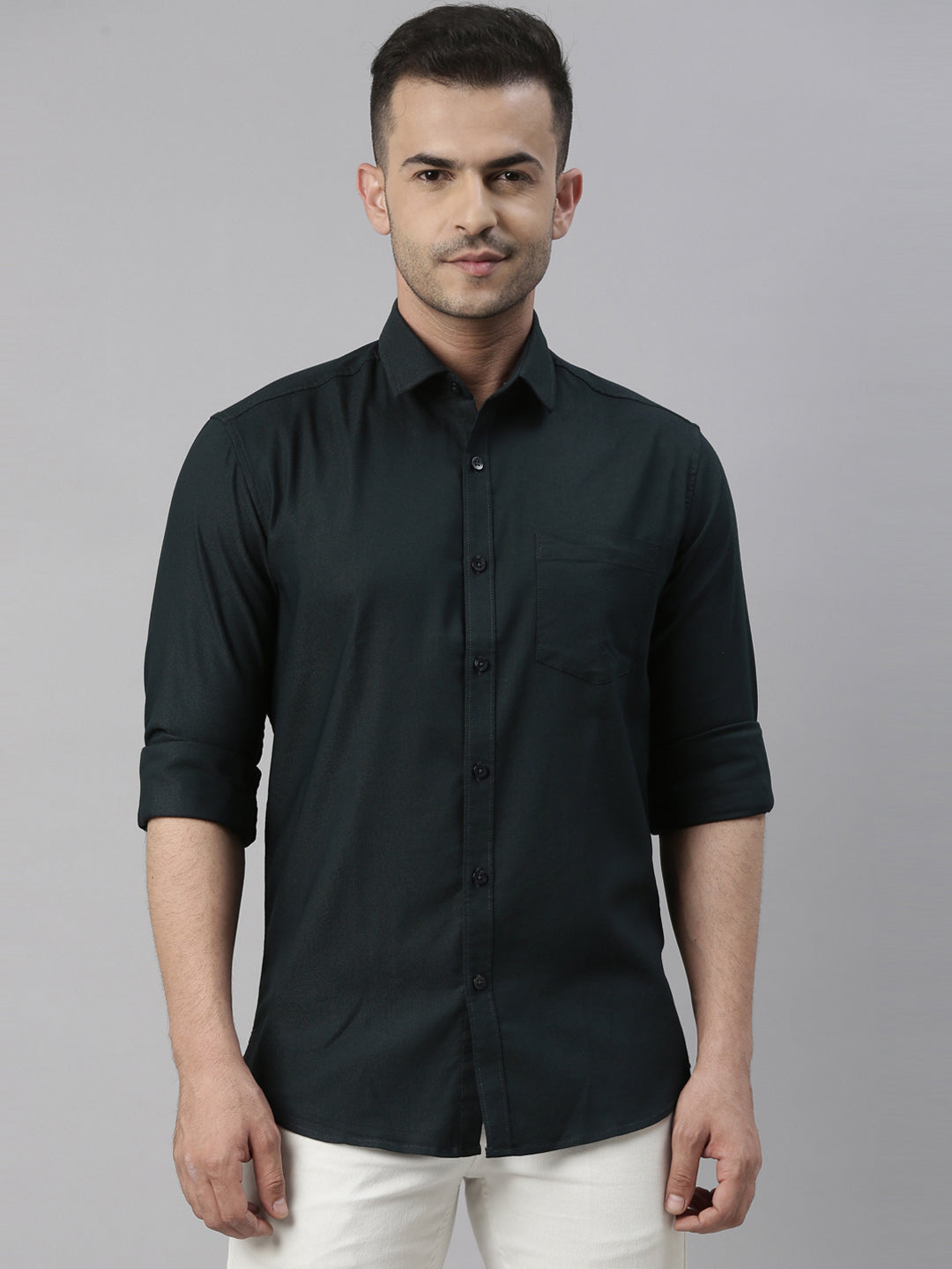 Bottle Green Solid Casual Shirt Solid Shirt Bushirt