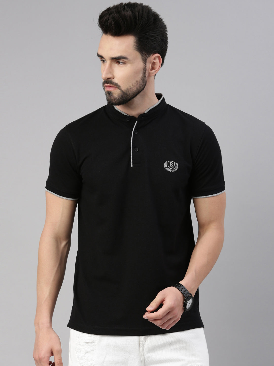 Black Chinese Collar Polo T-shirt Polo Tees Bushirt