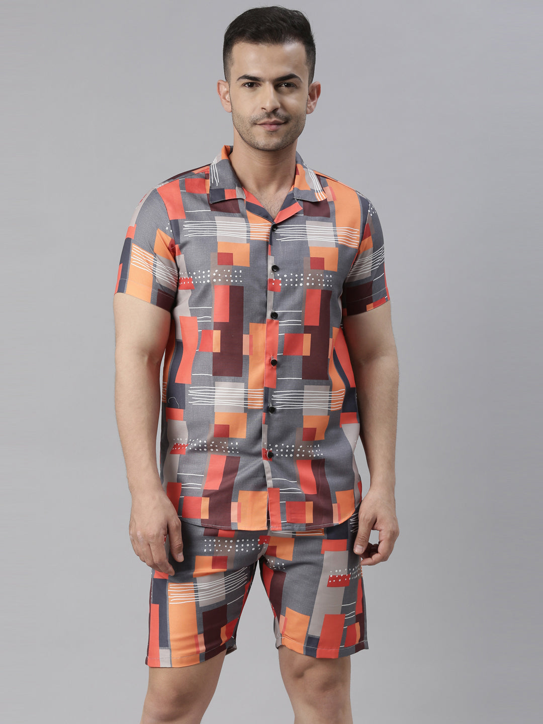 Geometric Grey Night Suits Co-Ords Bushirt