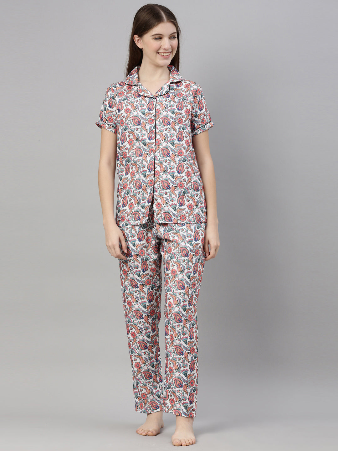 Kalamkari White Women's Night Suit Women's Night Suit Bushirt