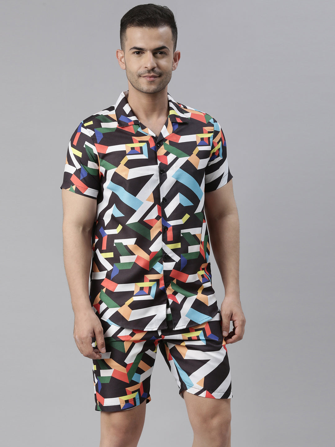 Black Colored Block Printed Night Suits Co-Ords Bushirt