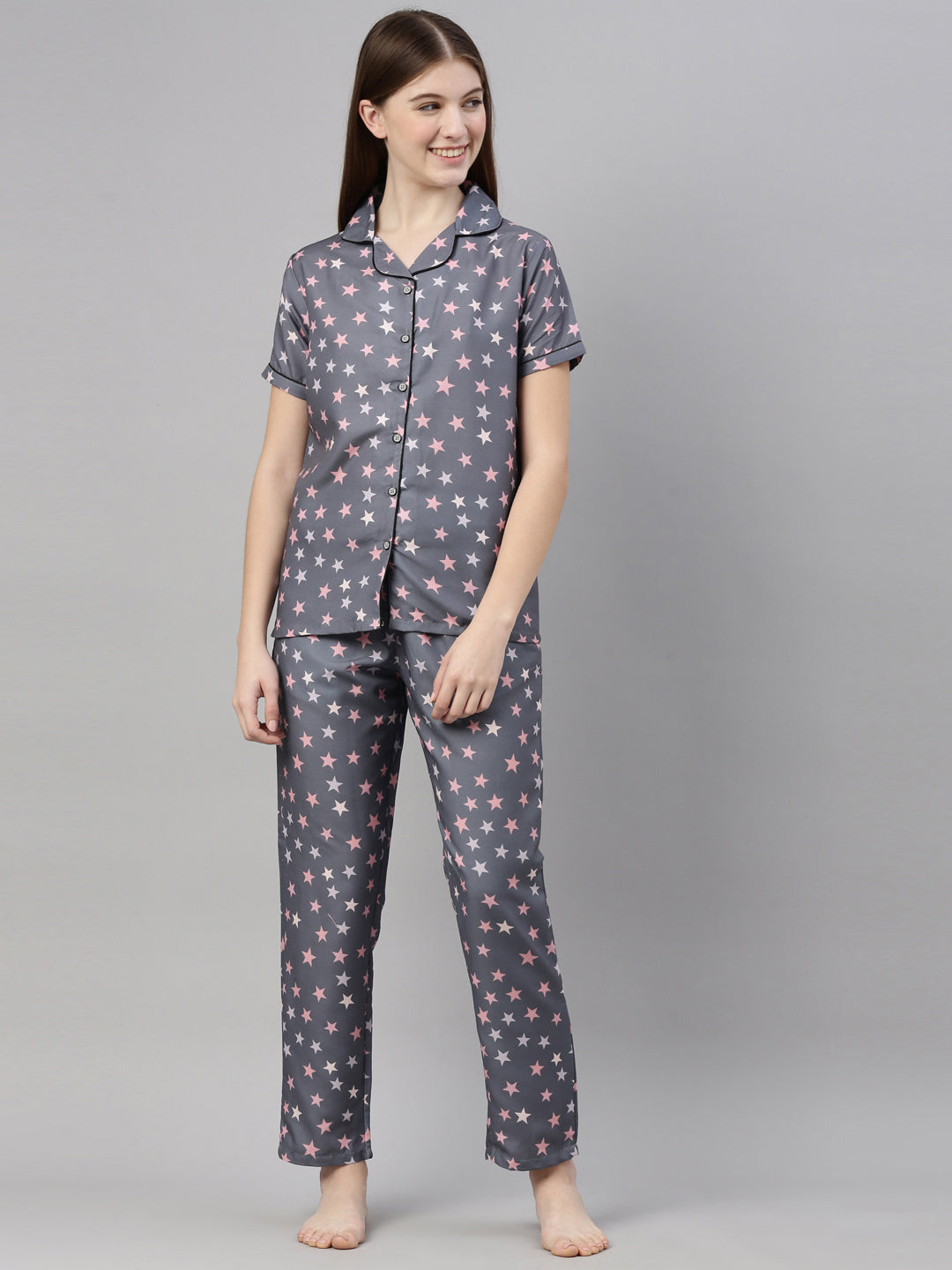 Stars Grey Pink Women's Night Suits Women's Night Suit Bushirt