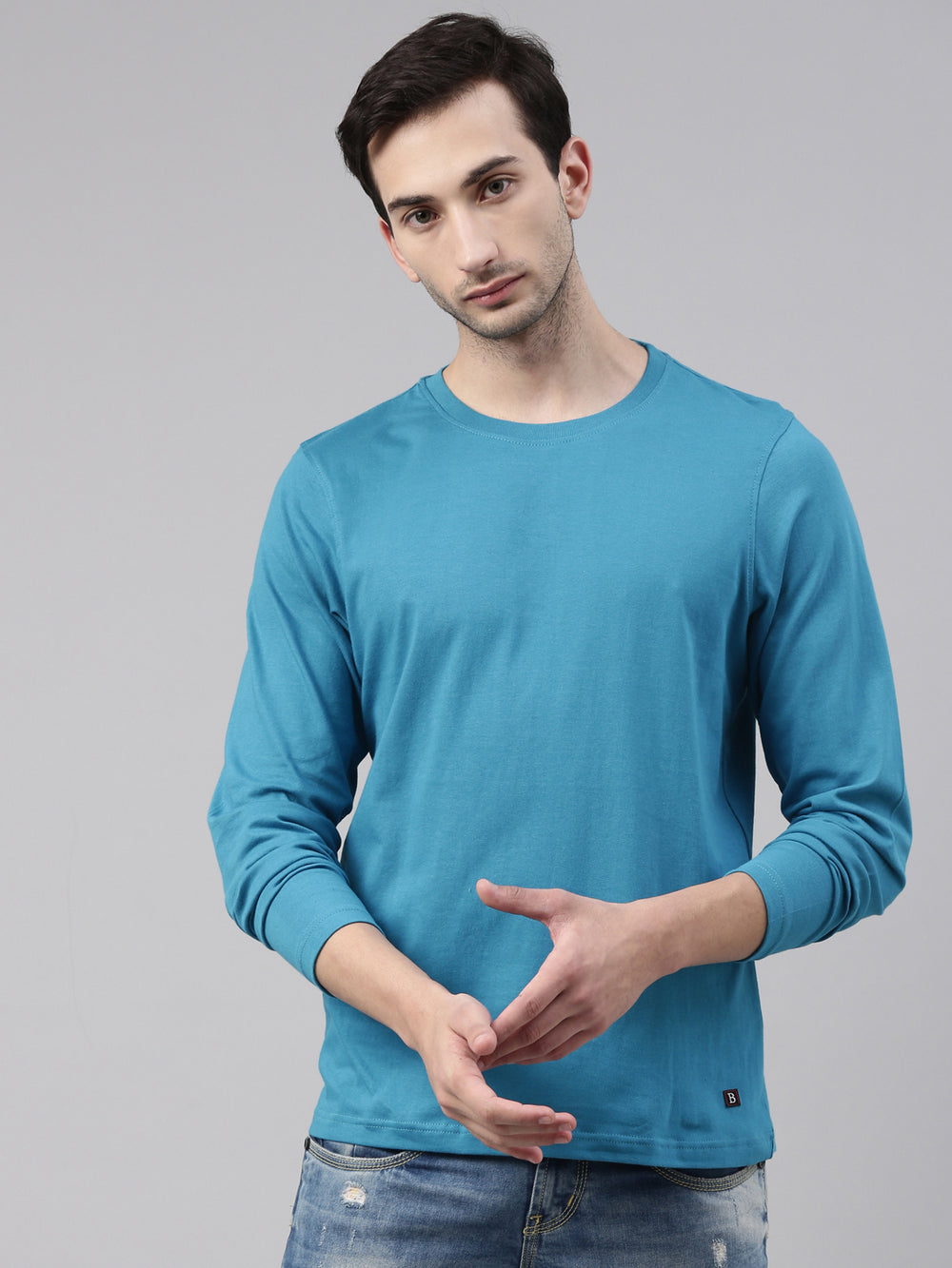 Teal Blue Solid Full Sleeves T-Shirt Full Sleeves Bushirt
