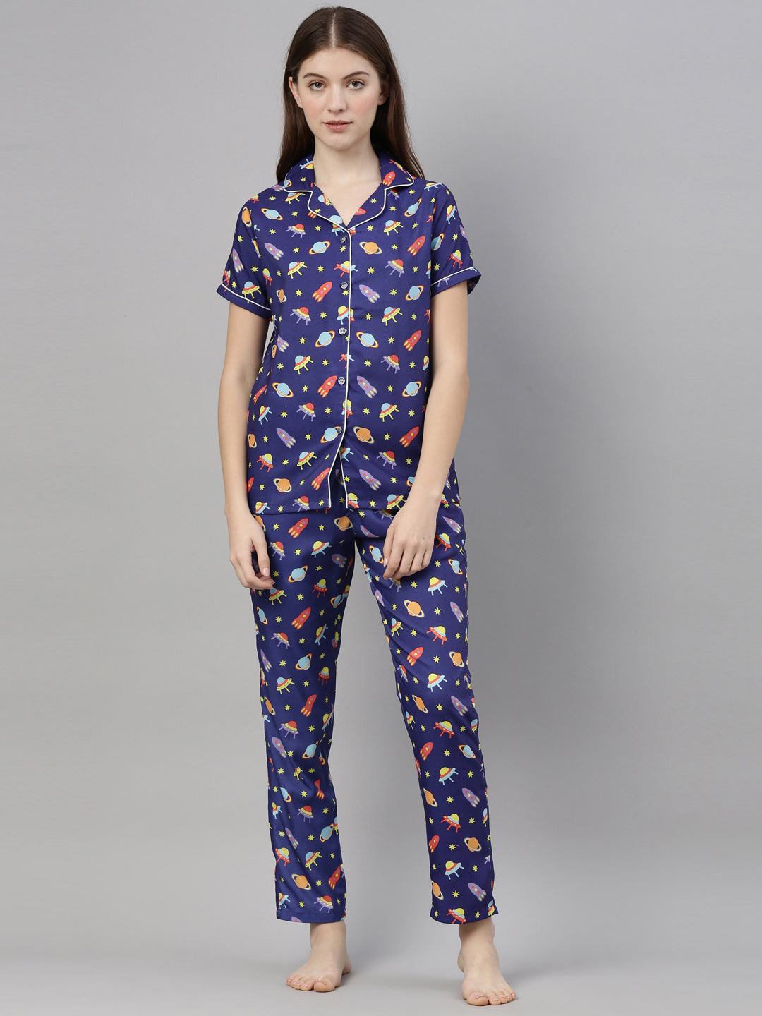 Space Royal Blue Women's Night Suits Women's Night Suit Bushirt