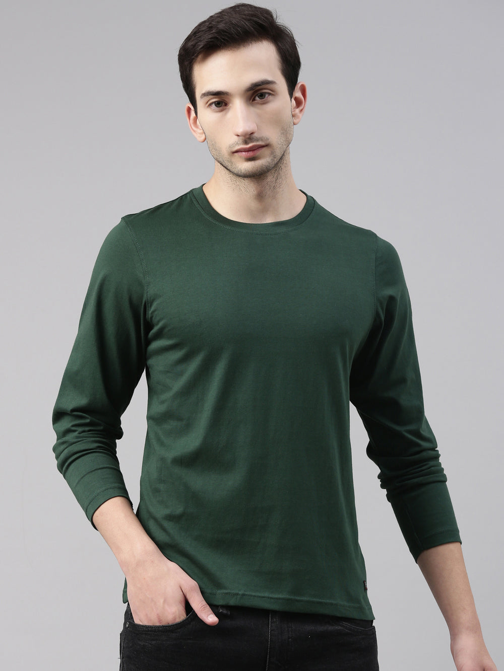 Bottle Green Solid Full Sleeves T-Shirt Full Sleeves Bushirt