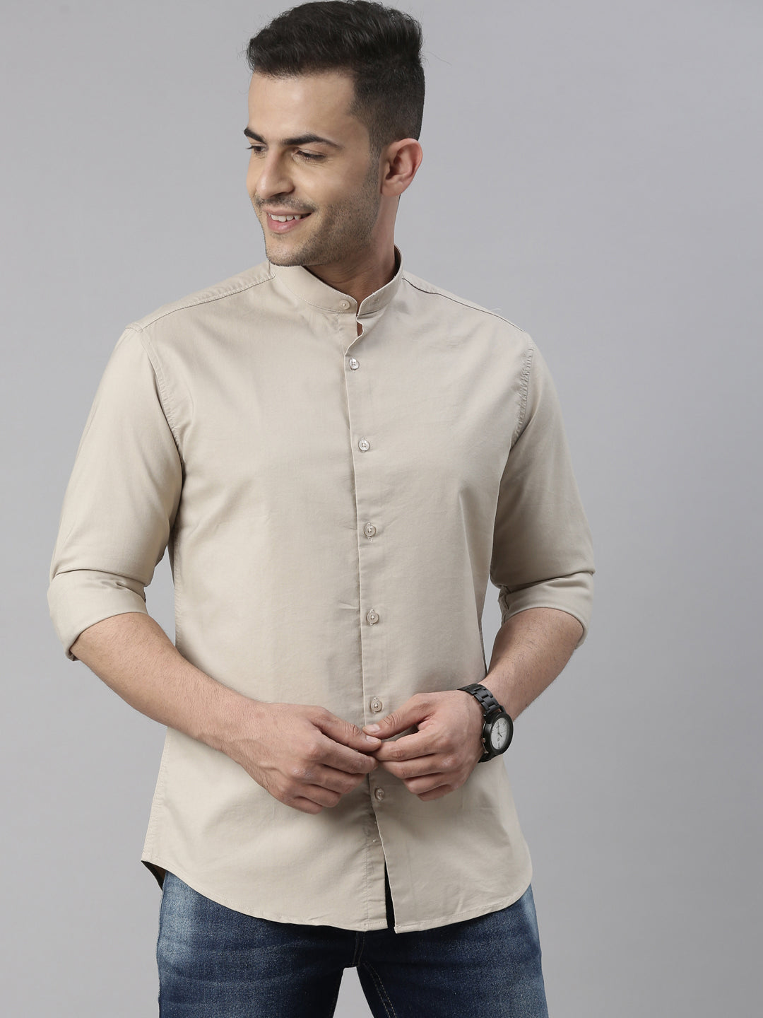 Beige Chinese Collar Casual Shirt Solid Shirt Bushirt