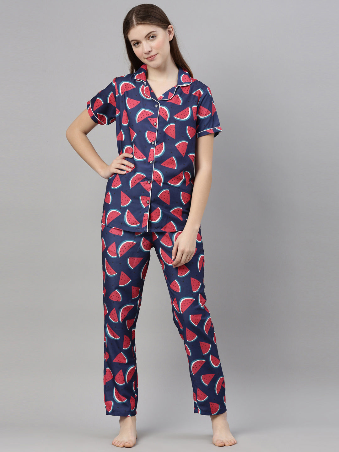 Water Melon Blue Women's Night Suits Bushirt