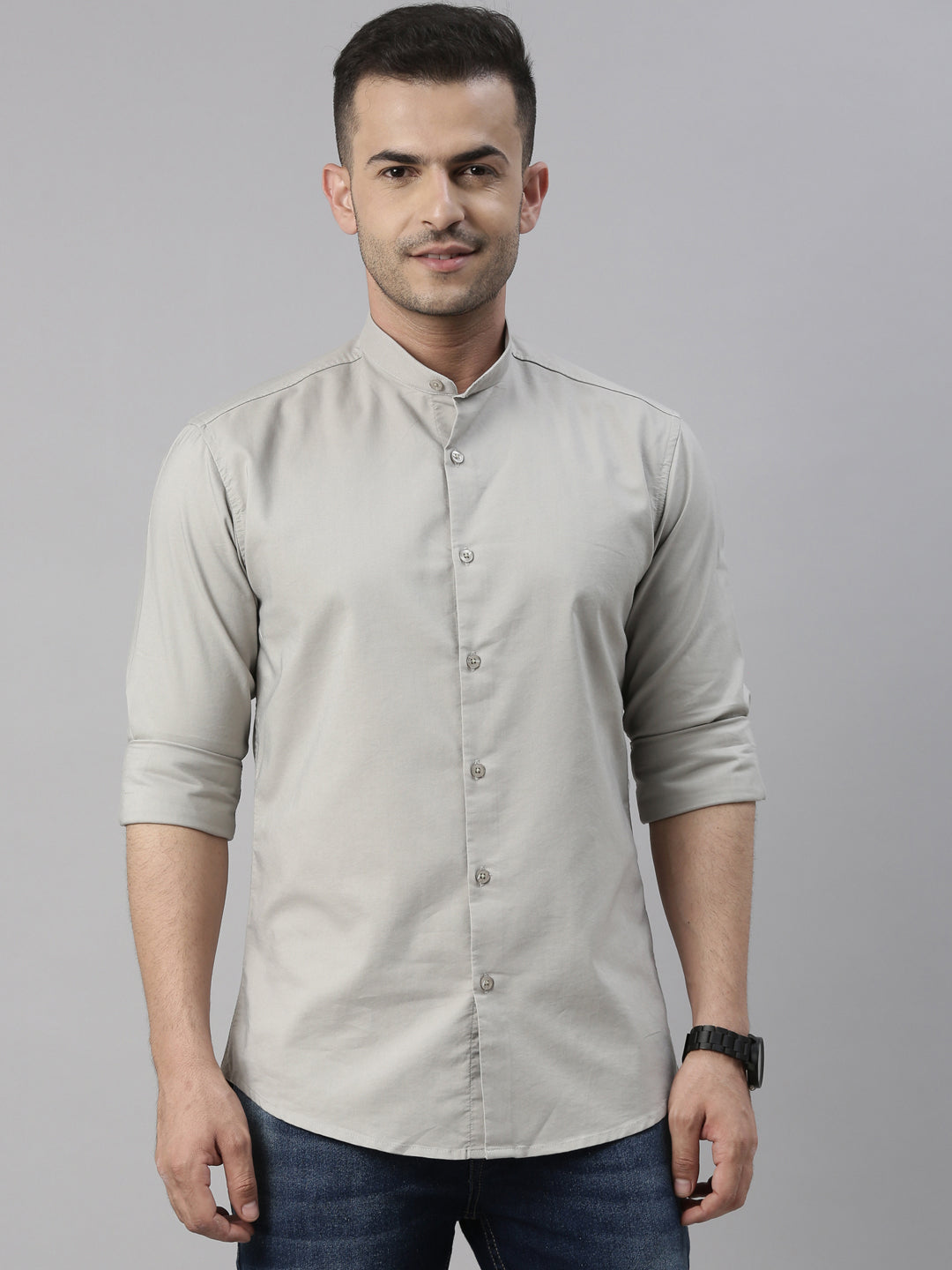 Squireel Grey Chinese Collar Casual Shirt Solid Shirt Bushirt