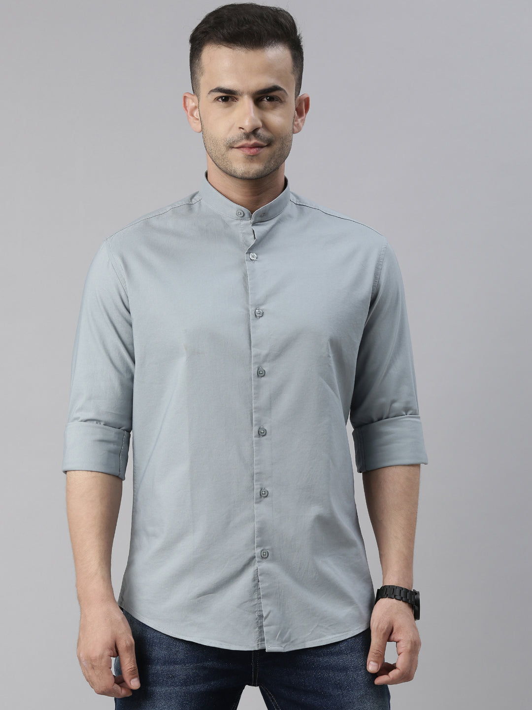 Steel Blue Chinese Collar Casual Shirt Solid Shirt Bushirt