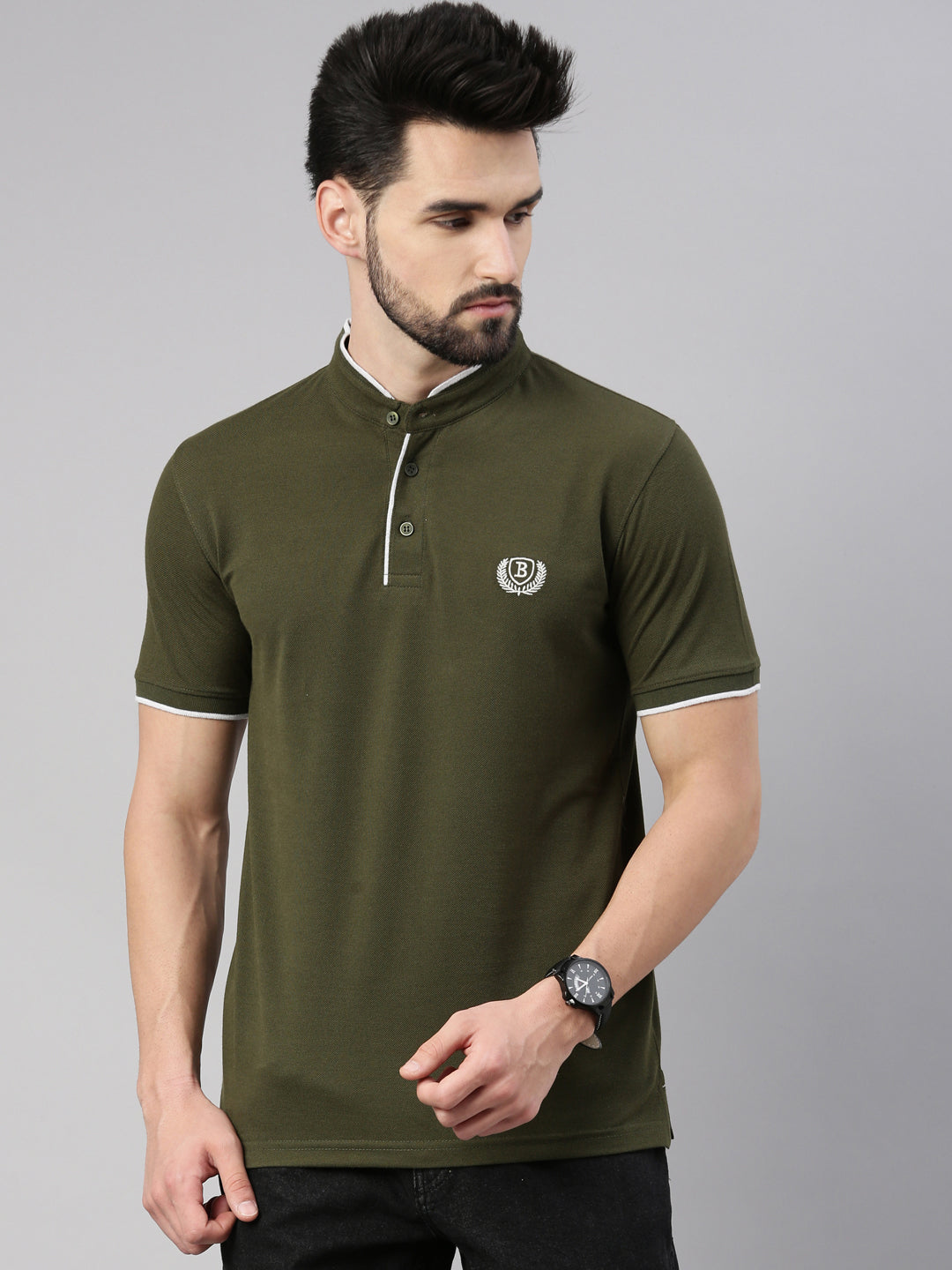 Olive Chinese Collar Polo T-Shirt Polo Tees Bushirt