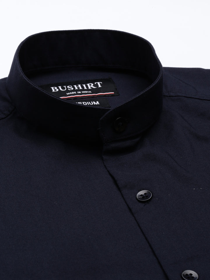 Navy Blue Chinese Collar Casual Shirt Solid Shirt Bushirt