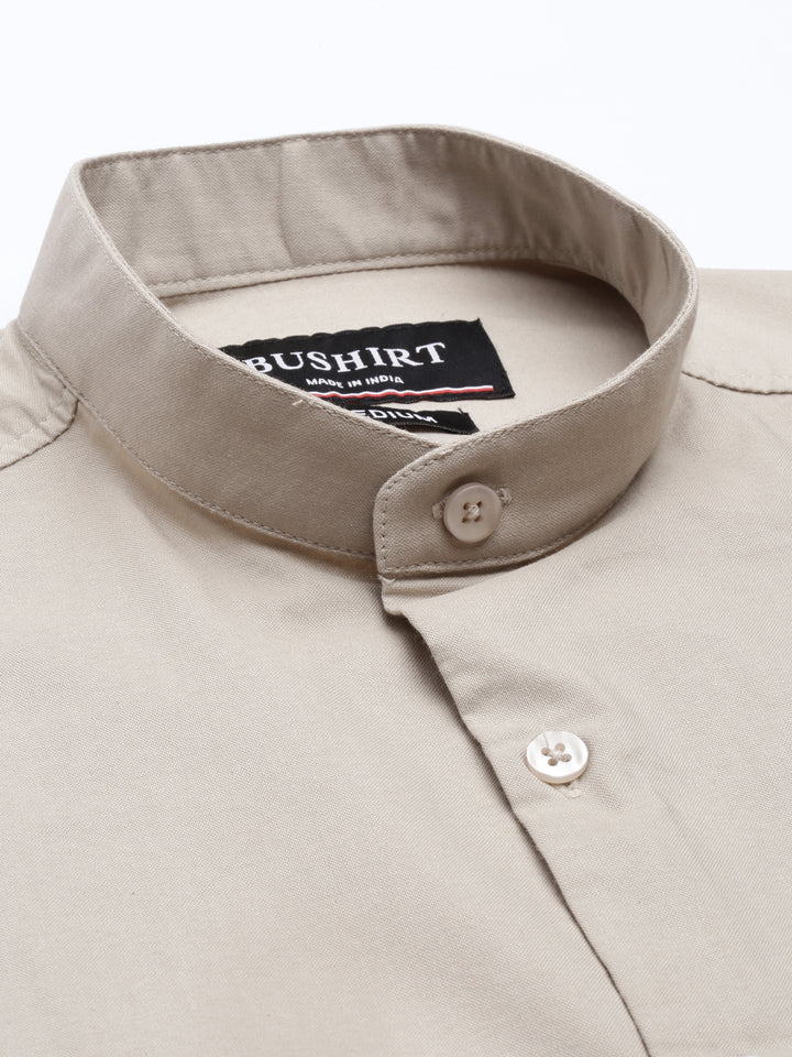 Beige Chinese Collar Casual Shirt Solid Shirt Bushirt