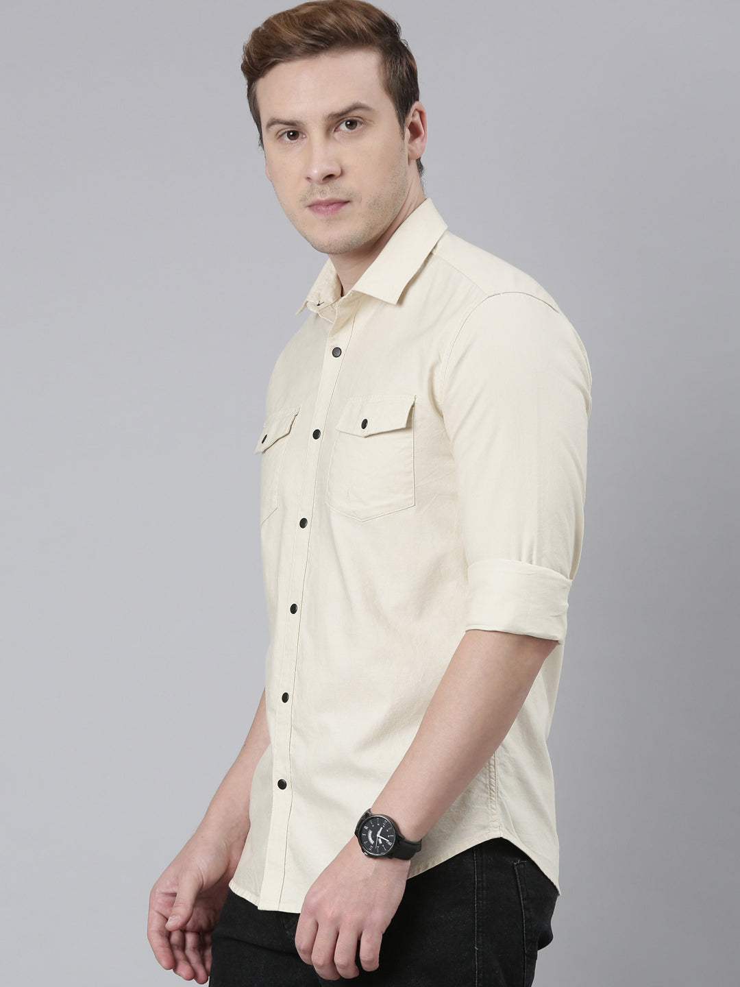 Cream Cargo Shirt Solid Shirt Bushirt