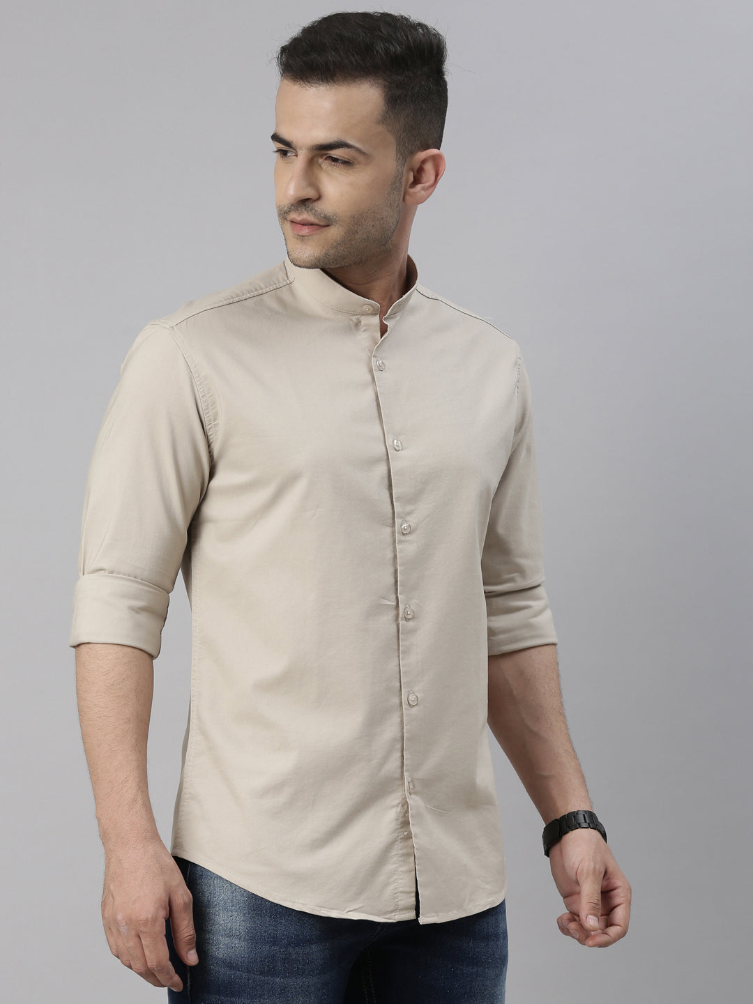 Beige Chinese Collar Casual Shirt Solid Shirt Bushirt