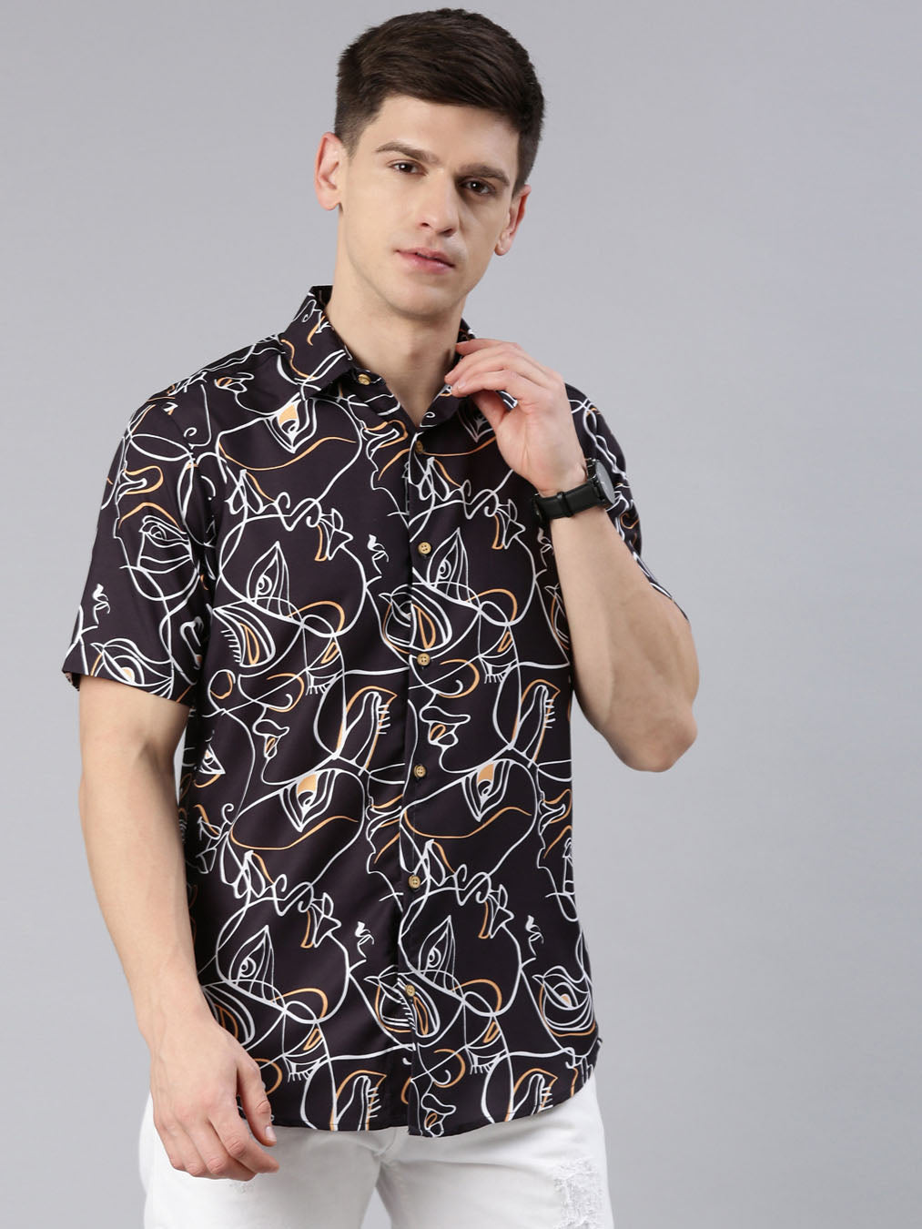 Abstract Figure Black Shirt Printed Shirt Bushirt